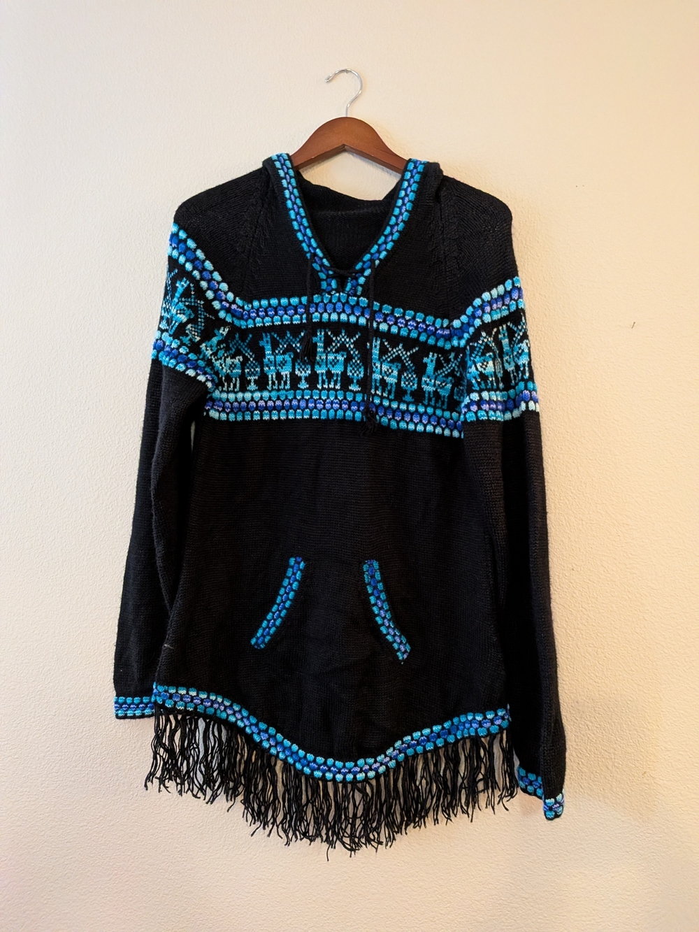 Peruvian Alpaca Ethnic Wool Sweater Hoodie Peru BLACK